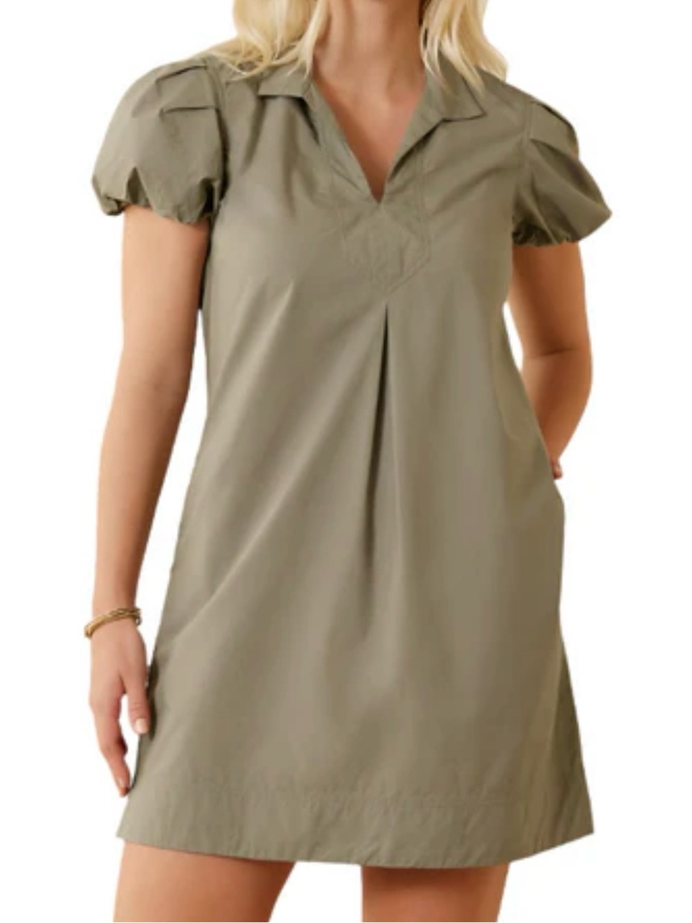 Tommy Bahama Olive Poplin V‑Notch Puff‑Sleeve Dress